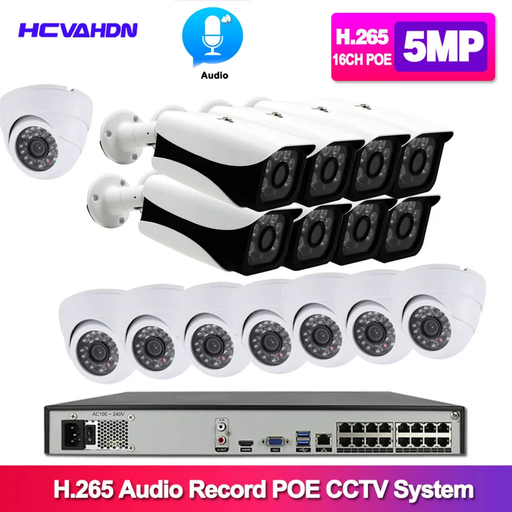 - H265 POE CCTV Security System 16CH 5MP 4K Audio Record NVR  Outdoor PoE IP Camera IR Night P2P Video Surveillance Kit 4TB HDD