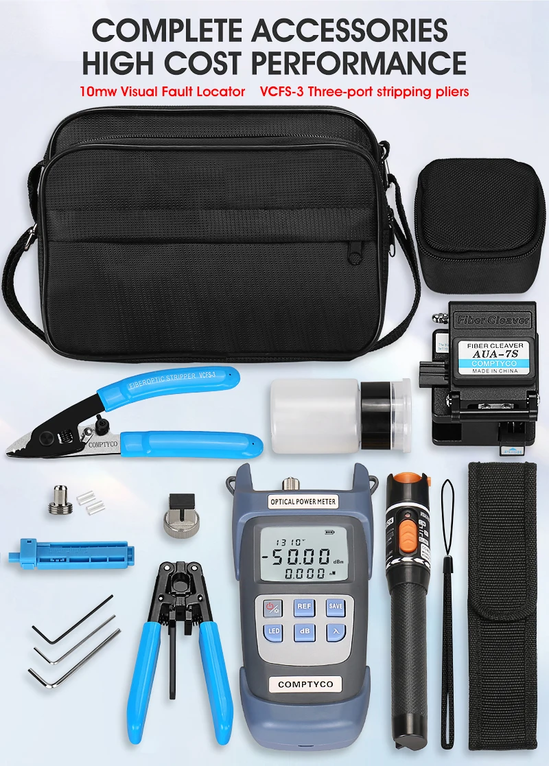 

19pcs FTTH Fiber Optic Tool Kit with -70~+10dBm Optical Power Meter 10MW Visual Fault Locator VFL OPM