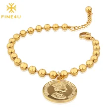 FINE4U B194 золотой цвет королева елизания II монета Шарм браслет регулируемый браслет из нержавеющей стали бусины для мужчин и женщин