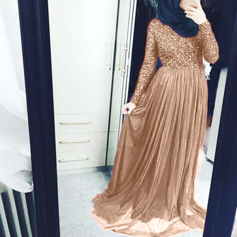 Женское платье с длинным рукавом из тюля макси платья блестящее мусульманское