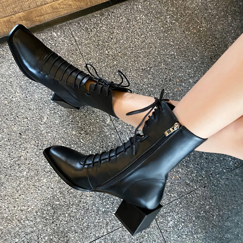 INS HOT Women ankle boots natural leather 22-25.5CM Square toe Outdoor fashion leisure shoes Hollow Wearable in all seasons
