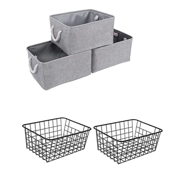 

3 Pcs Grey Storage Basket Rectangular Storage Bins Baskets Linen & 2x Iron Storage Basket Kitchen Bedroom Sundries Snack