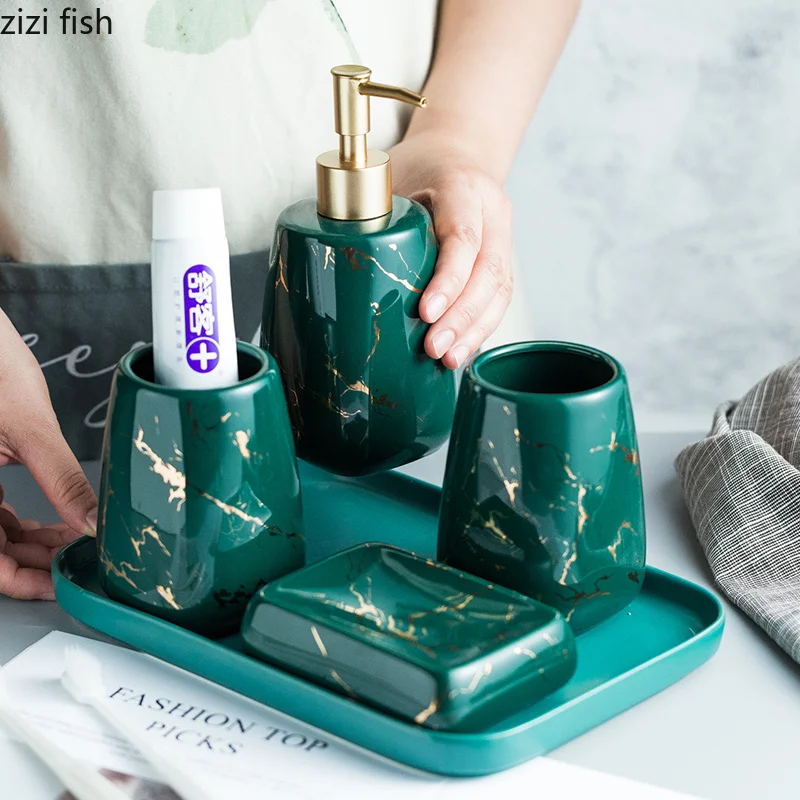 Ceramic Glossy Marble Bathroom Accessory Set Washing Tools Bottle Mouthwash Cup Soap Toothbrush Holder Tray Home Hotel Wash Set Bathroom Accessories