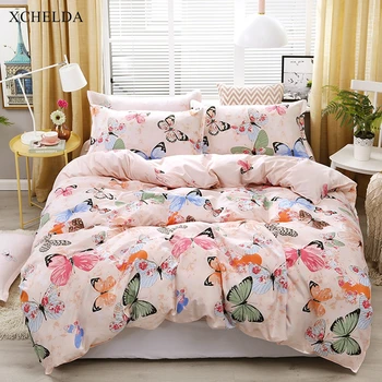 

Duvet Cover Set Double Queen King Pink Art Butterfly Bedspread Adult Single Bed sheet Pillowcases 4pcs Bedding set Family