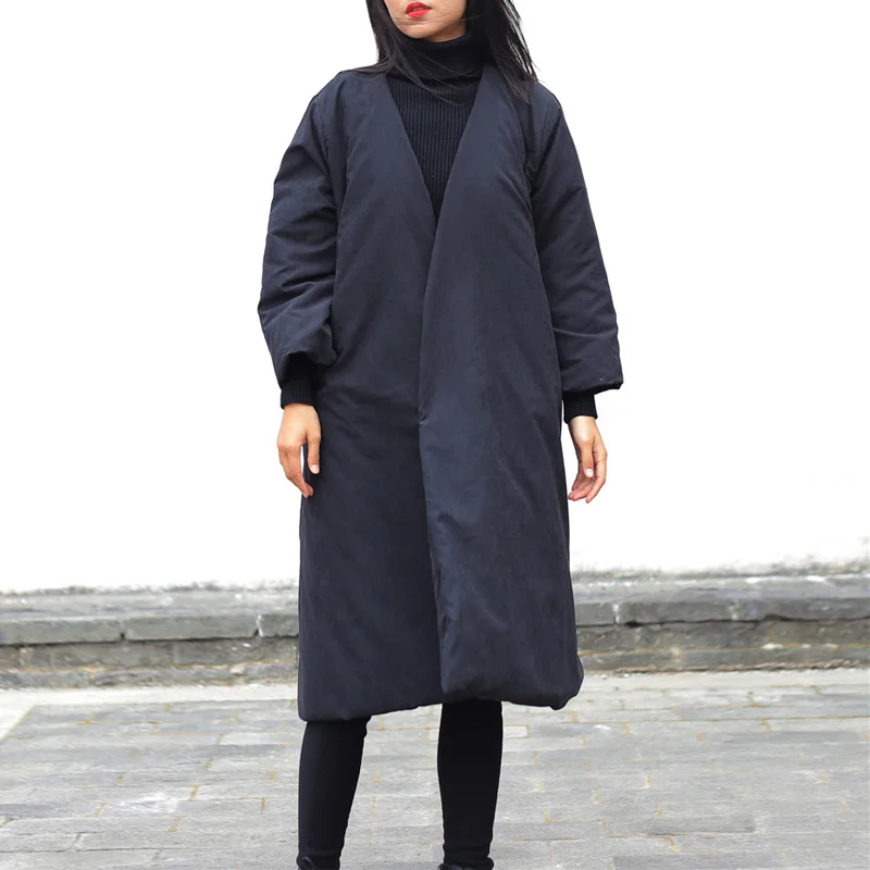 Черный Johnature Women Chinese Style Parkas Solid Color Long Sleeve Winter New V-Neck Button Loose Women Cloths Vintage Parkas - Цвет: Черный