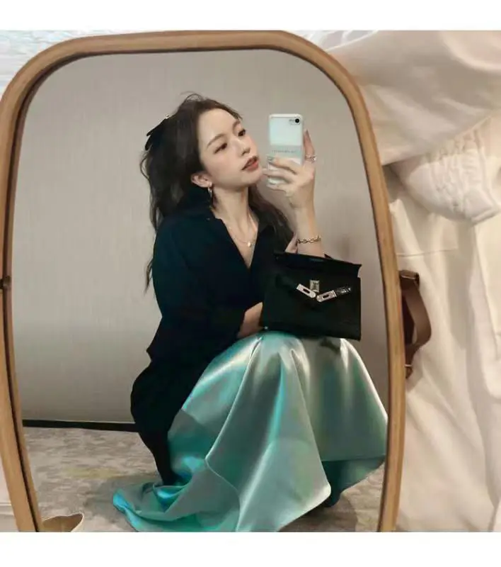 HOUZHOU Vintage Elegant Satin Skirt Women Temperament Luster High Waist A-line Midi Long Skirt Summer Solid Loose Korean Fashion HOUZHOU Vintage Elegant Satin Skirt Women Temperament Luster High Waist A-line Midi Long Skirt Summer Solid Loose Korean Fashion