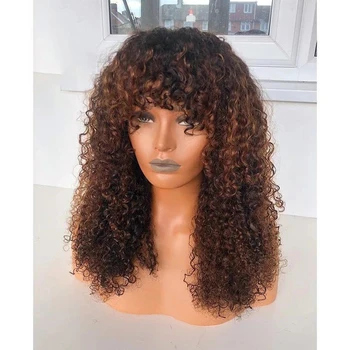 

Curly 1B/30 Ombre Color Lace Front Human Hair Wig With Bangs Preplucked Full 180% Density 13*4 Free Part Remy Bleached Knots