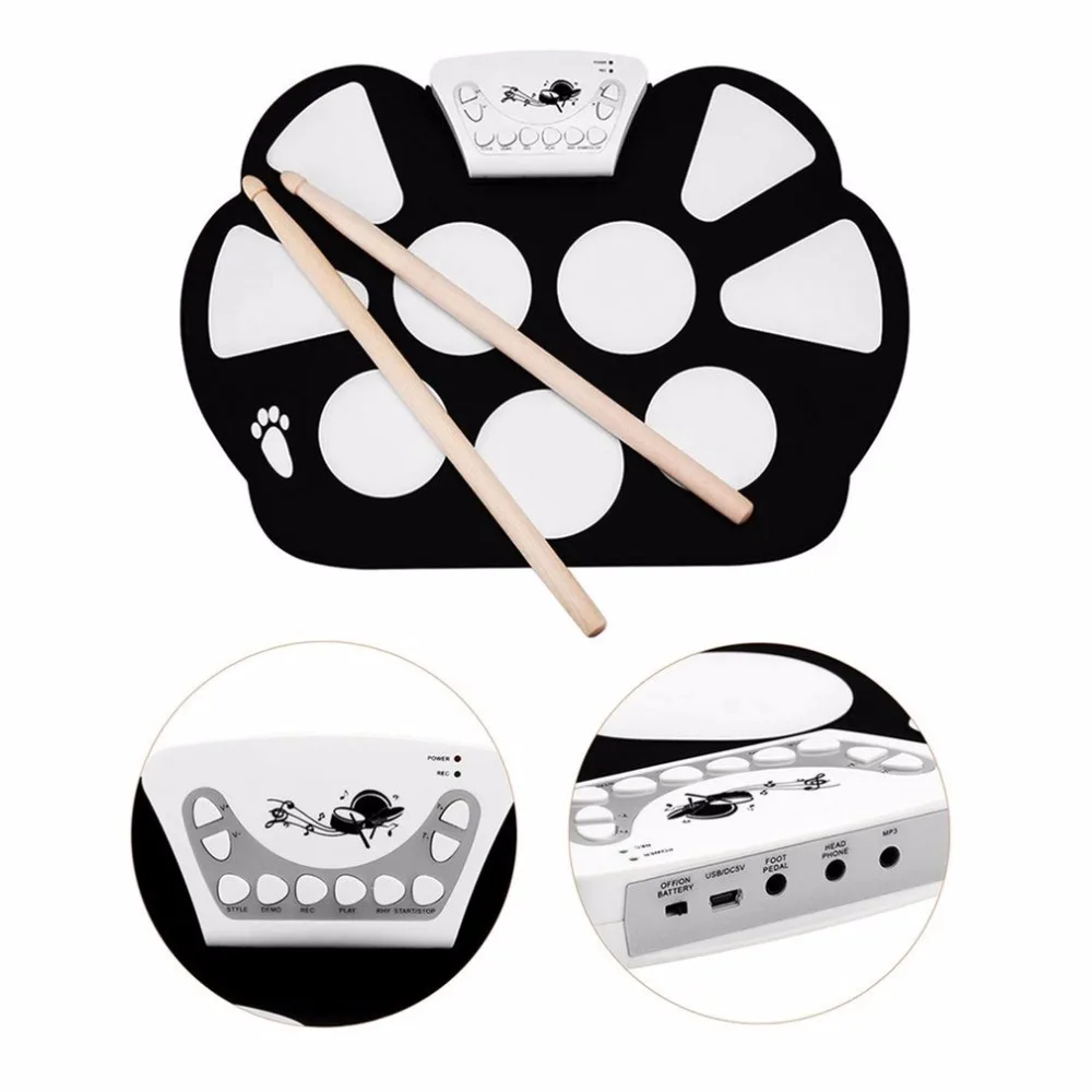 W758S Portable 9 Pads Digital USB Roll up Foldable Silicone Electronic Drum Pad Kit With Drum Sticks Foot Pedals drop shipping