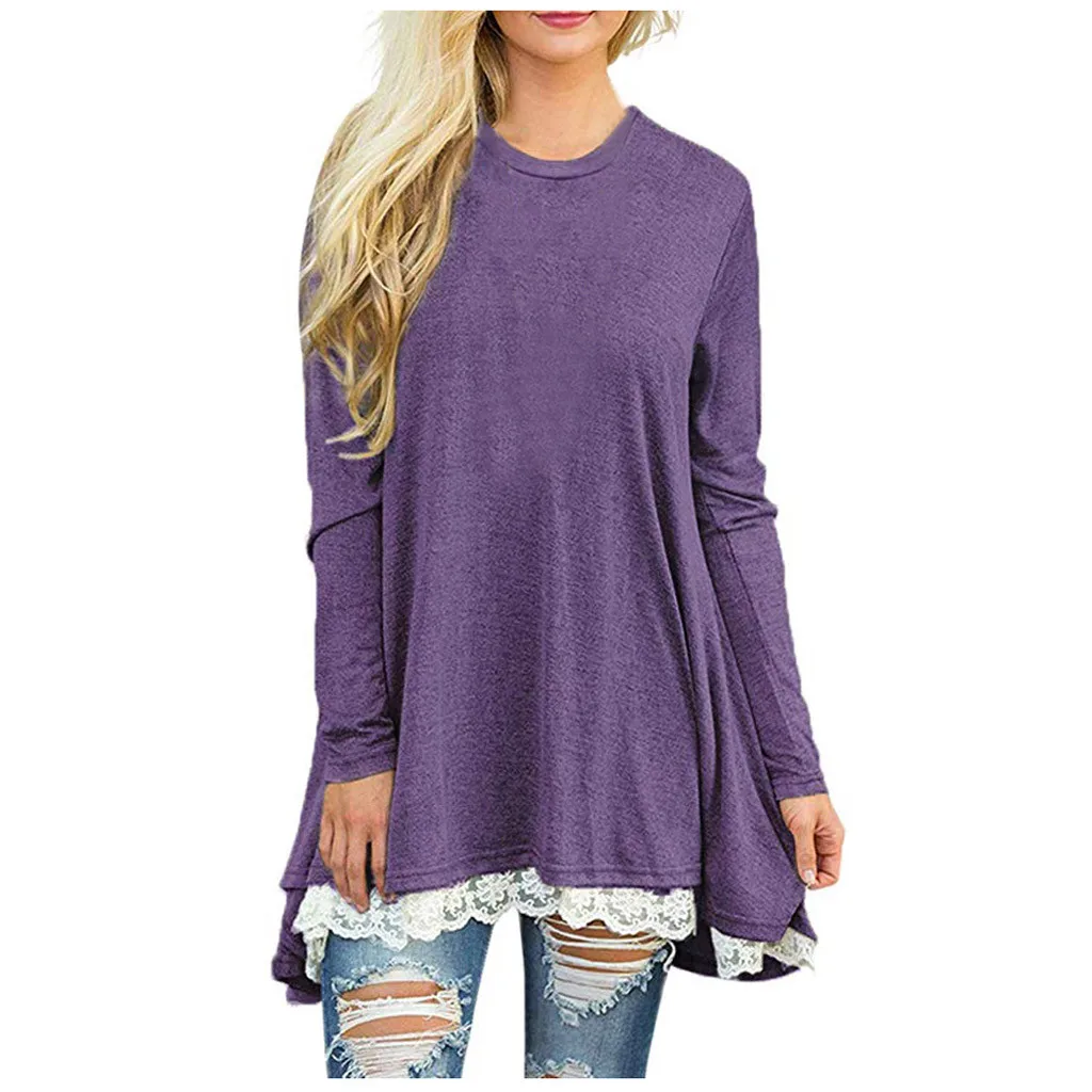 Poleras mujer de moda camiseta mujer Футболка женская кружевная Повседневная Туника с длинным рукавом Топы свободная футболка camisa feminina - Цвет: Фиолетовый