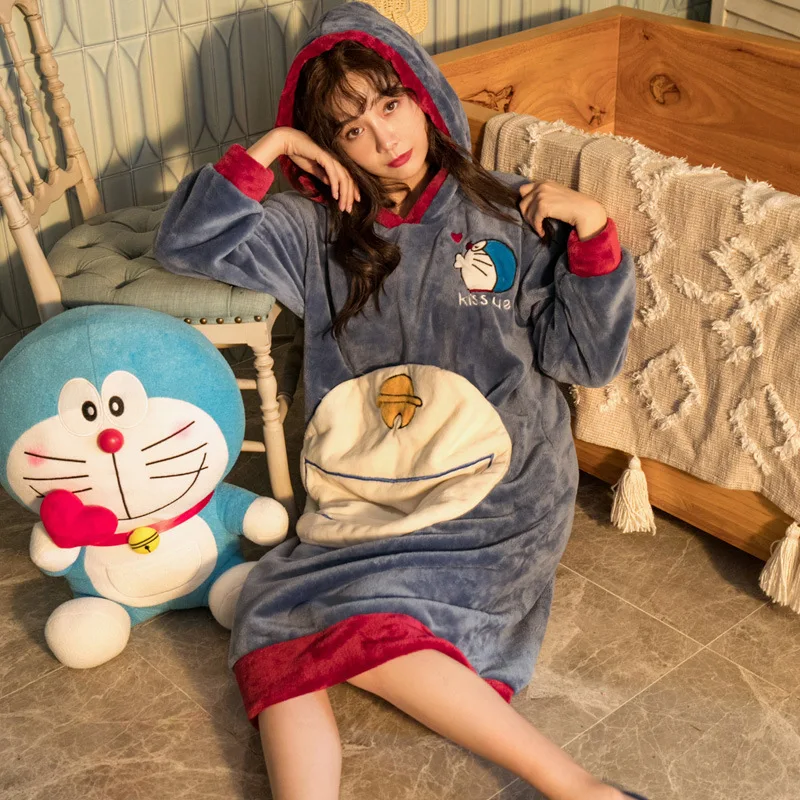 

Coral Velvet Nightgown Women's Long Autumn And Winter Cartoon Cute INS Students Long Sleeve Hooded Flannel Pajamas Winter