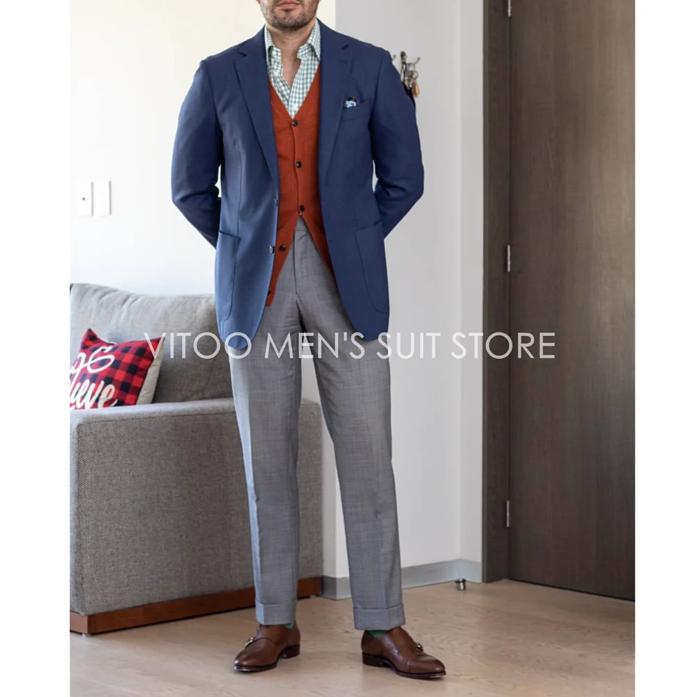 Navy blue blazer & Charcoal grey pants. Dark brown shoes & Belt | Blue  blazer, Grey slacks, Mens fashion suits