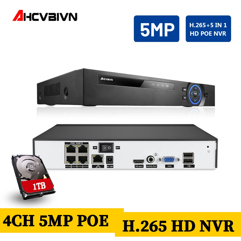 4CH 5MP NVR POE 1944P CCTV 48V PoE для H.265 2MP IP камера P2P ONVIF сетевой видеорегистратор |