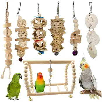 

7Pcs Pet Bird Wood Ball Bell Rope Bead Hanging Ladder Swing Cage Chew Toy