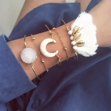 5 Pcs/set Women Bracelets Classic Shell Moon Gem Beaded Chain Bracelet Set Personality Beach Jewelry Accessories Lover Gift