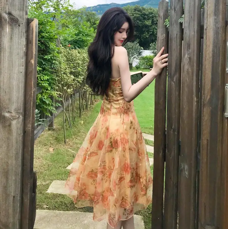 Women Midi Floral Halter Slip Dress Summer 2021 Vintage Painting Flowers Backless Casual Party Night Vacation Runway Vestidos
