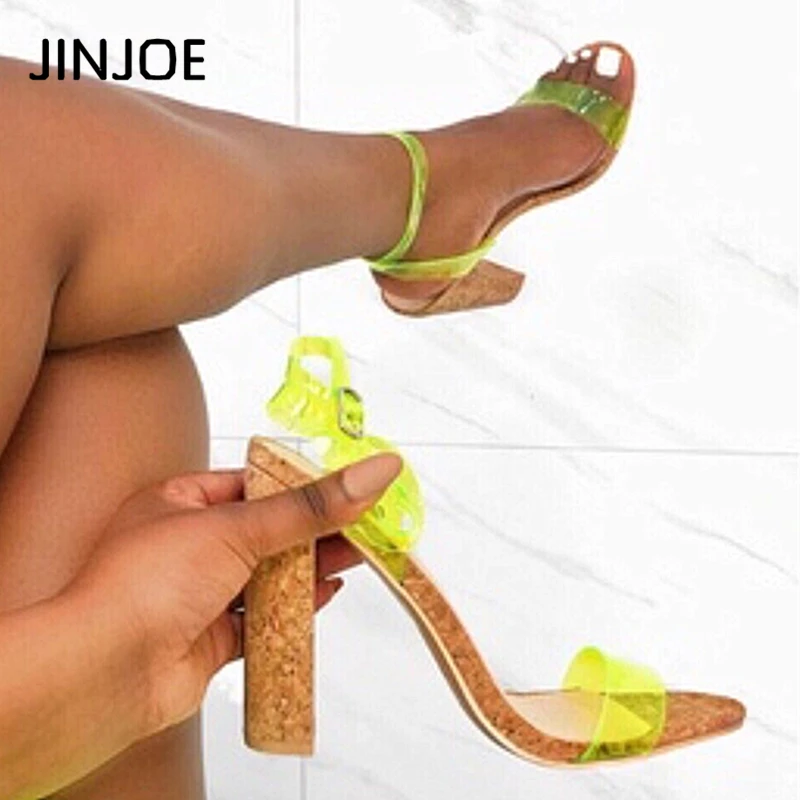 

JINJOE shoes women Ankle high heels sandals Rome style solid wood Square heel Fluorescence color pumps