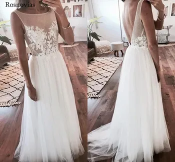 

Boho Beach Lace Wedding Dresses 2019 Scoop Sleeveless Backless Sweep Train Appliques Modest Bridal Gowns Vestido De Novia