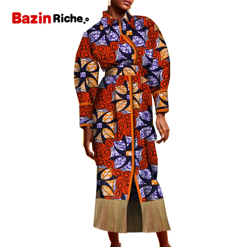 

Autumn New African Female windbreaker African fabric ankara print women jacket fringe decoration ankle-length coat wy5274