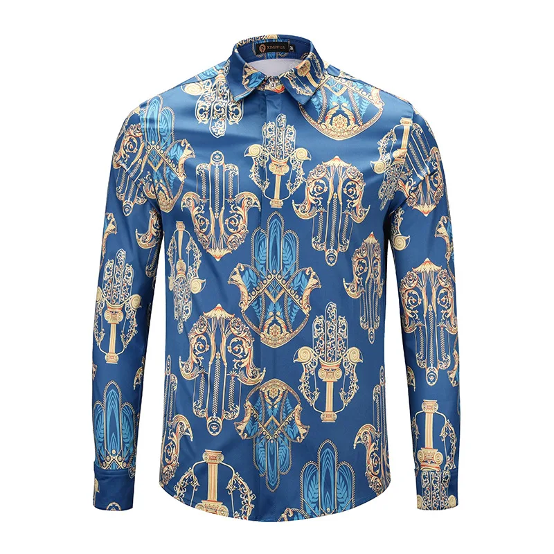 Luxury Retro Social Shirt Men Print Long Sleeve shirts men dress formal clothing Casual Slim Fit Shirts Streetwear Camisa homme - Цвет: XMH9103