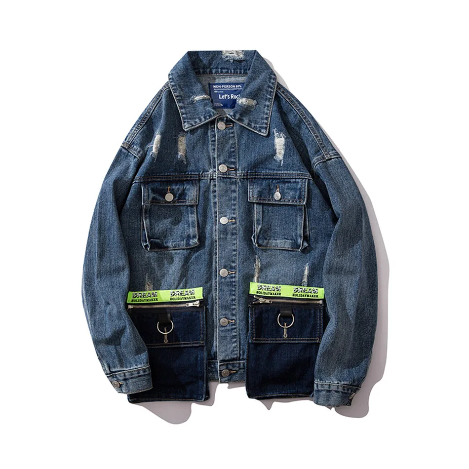 Корейский High Street BF Свободная джинсовая одежда Куртка карго стерео карманы джинсовые куртки Мужская куртка Hombre куртка