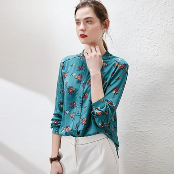 

100% High Quality Silk Blouse Women Shirt Elephant Printed Stand Collar Long Sleeve Translucent Fabric Casual Blouse New Fashion