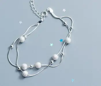 

Real. 100% 925 Sterling Silver Fine Jewelry two-rows Brushed Lucky Round Beads &Polished Small round beads chain Bracelet LS764