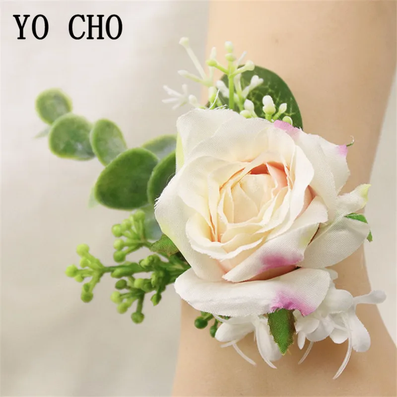 Yo Cho Champagne Da Sposa Polso Corsage Fiori Da Sposa Boutonnieres Uomini Spilla Spilli Groomsmen Prom Boutonniere Artificiale Della Rosa