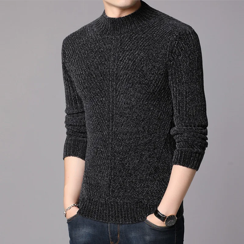 Autumn Winter Men's Half Turtleneck Sweater Korean Version Personality Chenille Sweater Pullover Sweater Men's Casual Wear - Цвет: Темно-серый