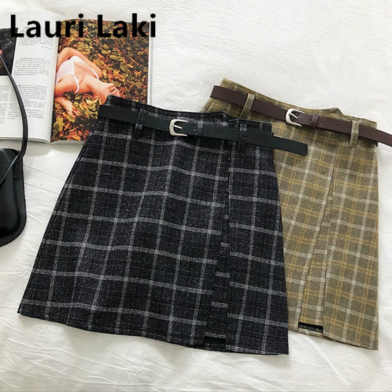 

Plaid A-line Skirt Women High Waist Vintage Skirt Mujer with Sashes Elegant Lattice Skirt Femme Autumn Spring 2019