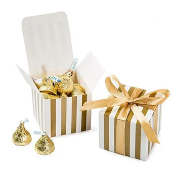 

Pack of 50 Gold White Strips Small Candy Box Bulk 2x2x2 inch with Ribbon, Silver Dream Wedding Birthday Gift Box Favors Party