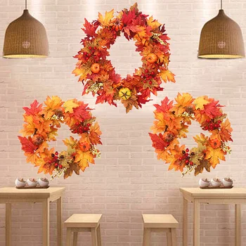 

Fall Wreaths with Leafs Mini Pumpkins Berries for Front Door Table Wall Thanksgiving Decoration UD88
