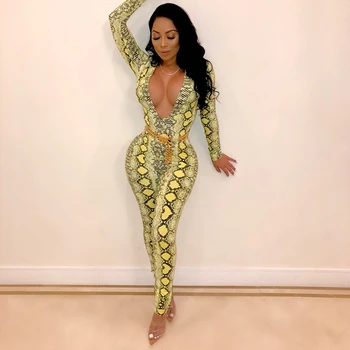 

2019 New Snake Skin Print Sexy Jumpsuit Streetwear Deep V-neck Long Sleeve Overalls One Piece Bodycon Rompers Womens Jumpsuit