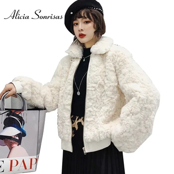 

DBYCool Winter Lamb Fur Jacket Women 2019 New Loose Stand Collar Motorcycle Sheepskin Coat Parka Female 4498