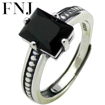

FNJ Black Zircon Rings 925 Silver Adjustable Size Popular S925 Solid Silver Ring for Women Jewelry Fine