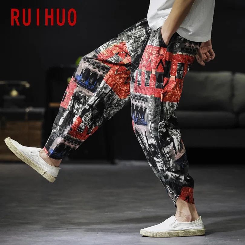 RUIHUO, китайский стиль, длина по щиколотку, льняные брюки для мужчин, уличная одежда, спортивные штаны, мужские брюки для бега, брюки мужские тренировочные в стиле хип-хоп, 5XL, осень