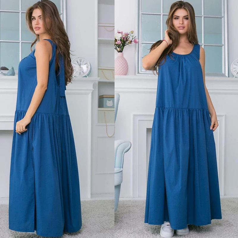 Женское платье 2019 летние пляжные с О образным вырезом без рукавов макси длинное