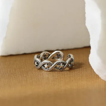 

5.5MM INS Authentic S925 Sterling Silver FINE Jewelry Star Twisted &Beads Pattern adjust ring TLJ1056