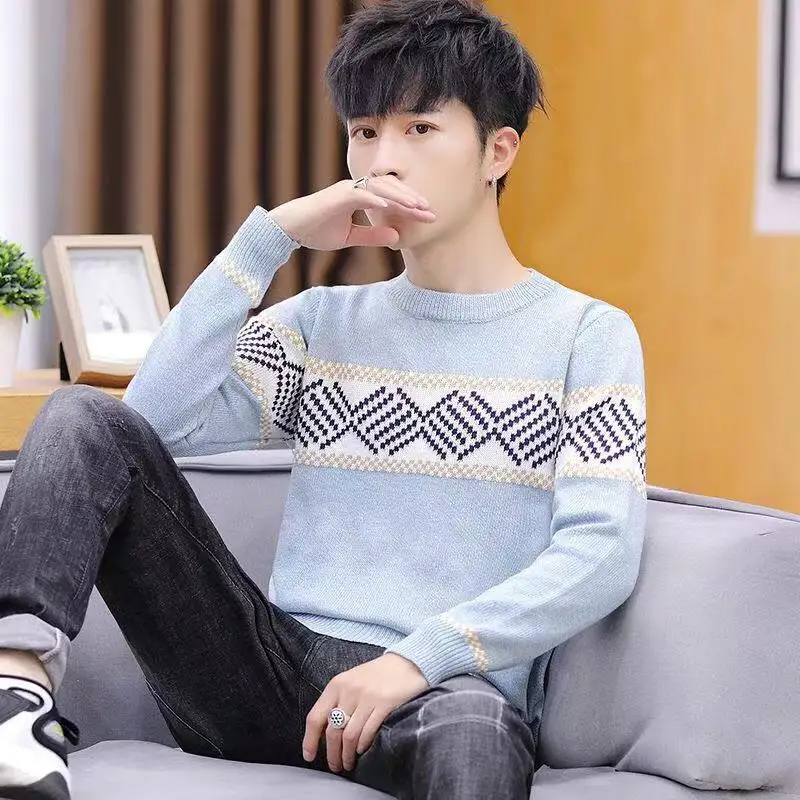 

2019 Fashion Trend New Autumn Winter Pullover Sweater for Men Round Neck Sweater Mixed Color Youth Men's Long-sleeve Sweaters