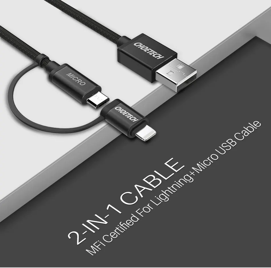 CHOETECH 2 в 1 2.4A USB кабель для iPhone 11 Max X 8 7 plus Быстрая зарядка Micro USB кабель для Android usb type c телефонный кабель