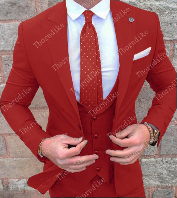 Новинка, мужской свадебный костюм цвета фуксии, приталенный мужской деловой костюм жениха, вечерние смокинги, костюм из 3 предметов, брюки с жилеткой - Цвет: red