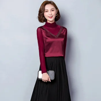 

Ladies new high neck diamond mesh stitching chiffon long sleeve T-shirt