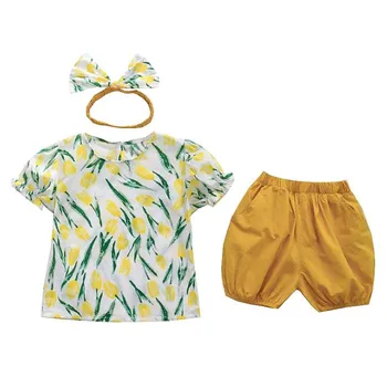

DFXD 2020 Summer Short Sleeve Tulip Print T-shirt+Shorts Pant Toddler Girl Clothing Set New Arrival Korean 2pc Kids Clothes Set