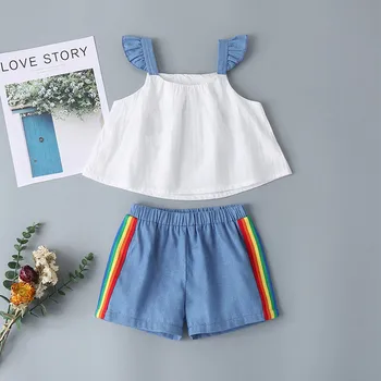 

Hot Toddler Girl Cotton Blue Outfits Summer Ruffle Sleeveless Suspenders Top+Elastic Waist Rainbow Patchwork Pants Baby Outfits