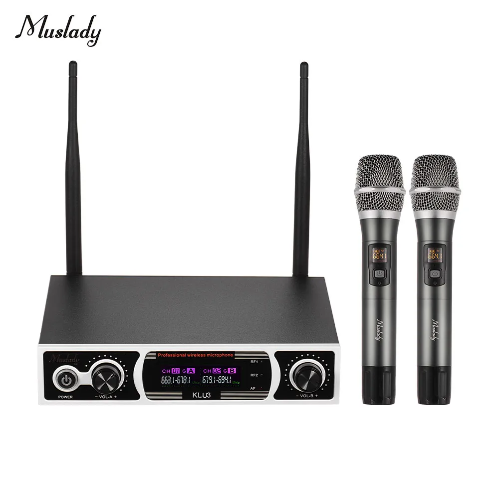 

Muslady KLU3 UHF Wireless Microphones Set with 1 Receiver 2 Handheld Microphone Color Screen for DJ Party Karaoke Business