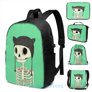 

Funny Graphic print Skeleton Kitty USB Charge Backpack men School bags Women bag Travel laptop bag