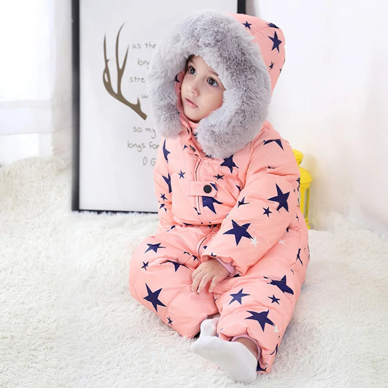 Russian Winter Kids Baby Snowsuit Fleece Liner Thick Warm Down Rompers Hooded Toddler Boys Girls Winter Jacket Ski Suit Outdoor