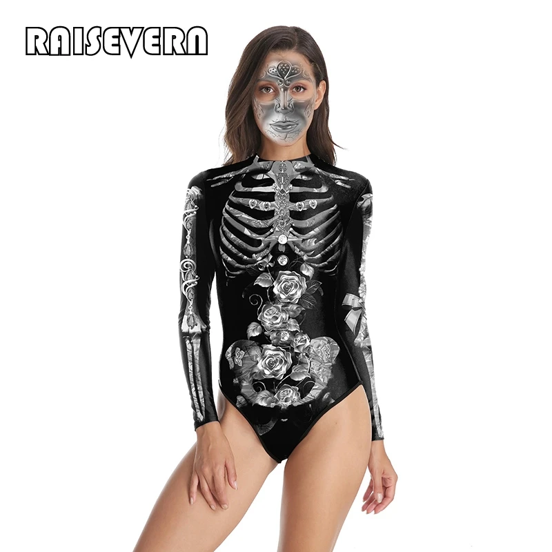

Halloween Party Clothes Bodysuit Vintage Skeleton Scary Costume Playsuit Skinny Long Sleeve 3D Print Skull Cosplay Wear Dropship