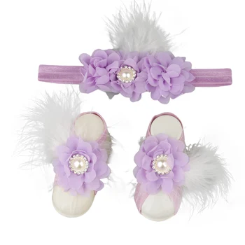 

Baby Girls Flower Sandal Headband Elastic Hairband & Toddler Barefoot Sandals 1 Pair Infant Photo Prop Set