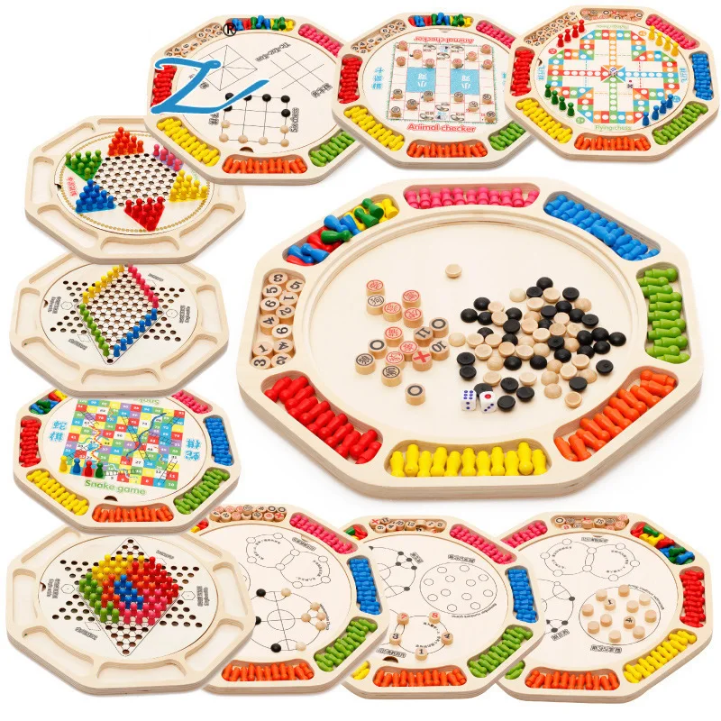 

MWZ Wooden Multi-functional Sixteen One Chinese Chequers Jump Chinese Chequers Flight Five-in-a-row Children'S Educational Toy G