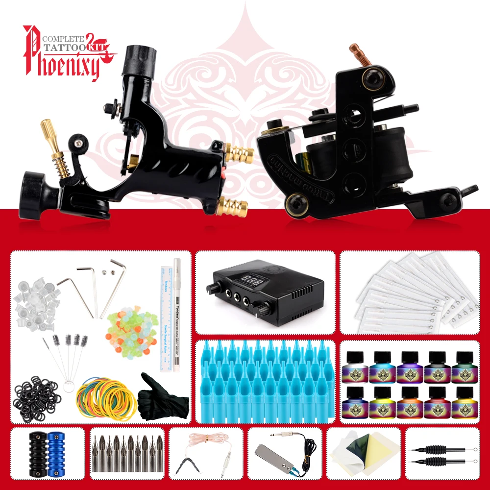 

Complete Tattoo Kit Professional 2 Machines Gun Tattoo 10 Colors Pigment Power Supply Permanent Makeup diy Body Tattoo Set